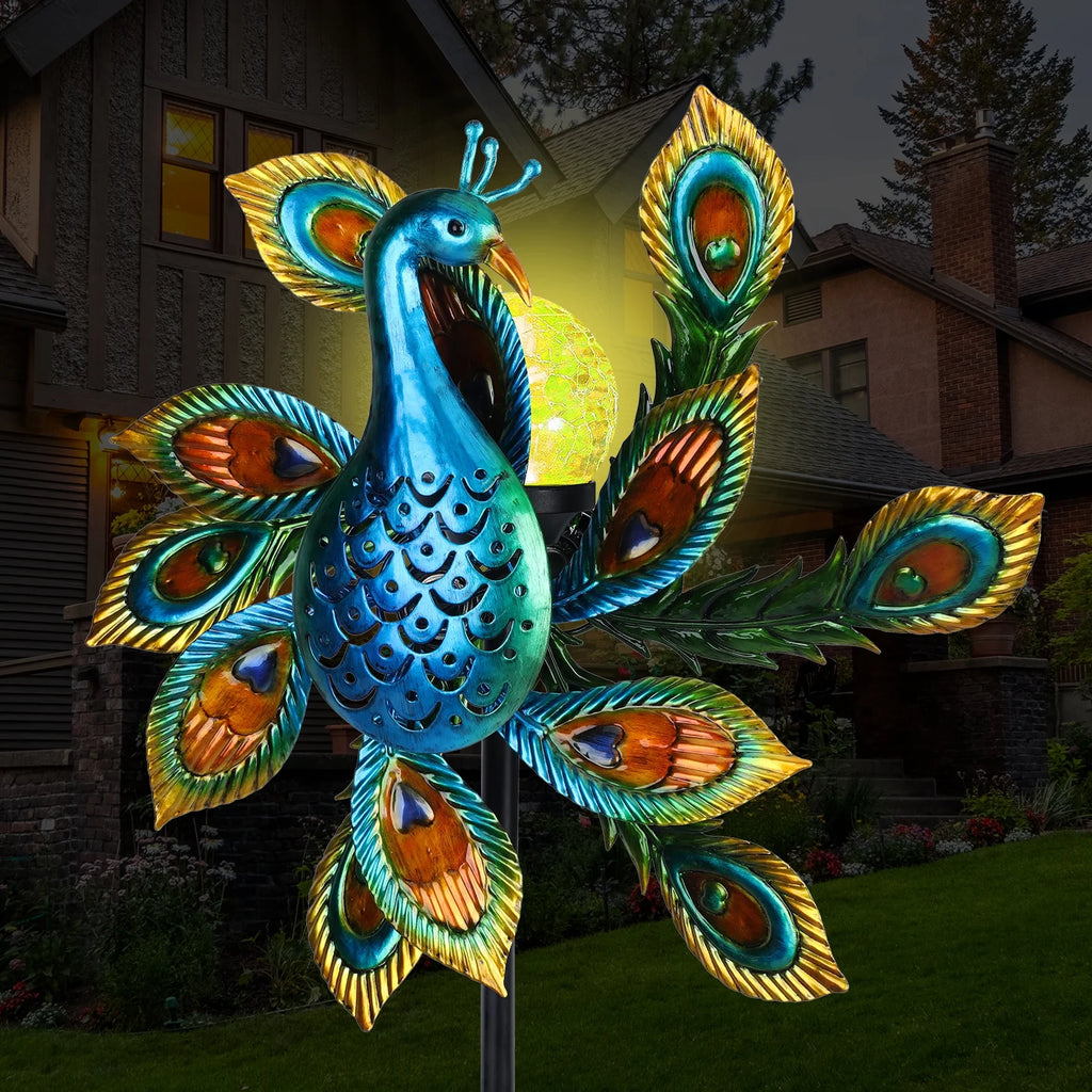 Solar Wind Spinner Outdoor Metal Kinetic Wind Spinner with LED Lighting Glass Ball Peacock Wind Spinner with Stake P203