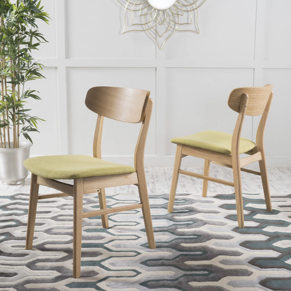 Set of 2 Natural Oak Green Fabric Dining Chair B477318