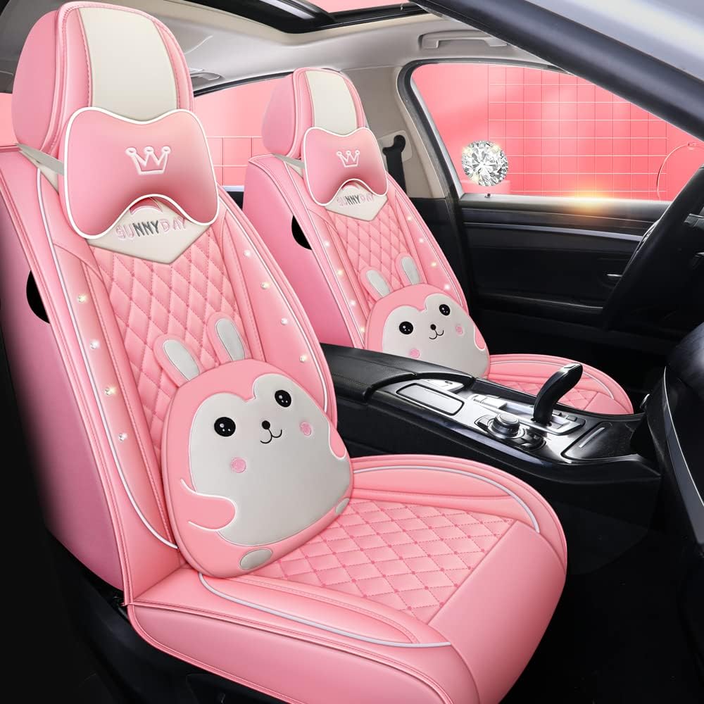 Pink PU Leather Car Seat Covers Full Set I447