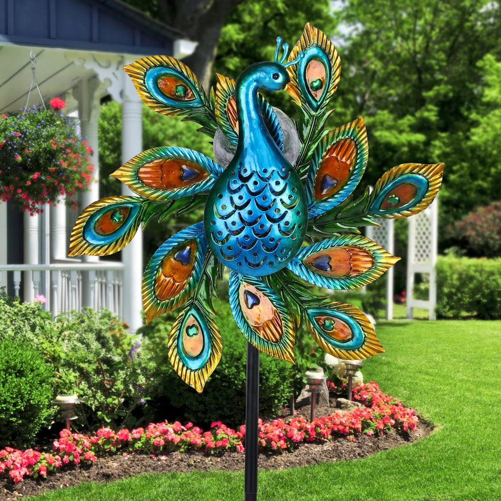 Solar Wind Spinner Outdoor Metal Kinetic Wind Spinner with LED Lighting Glass Ball Peacock Wind Spinner with Stake P203