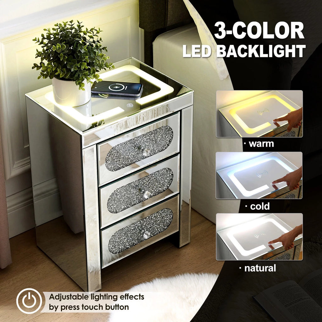 3 Drawer Mirrored Nightstand with Wireless Charging Station I3414