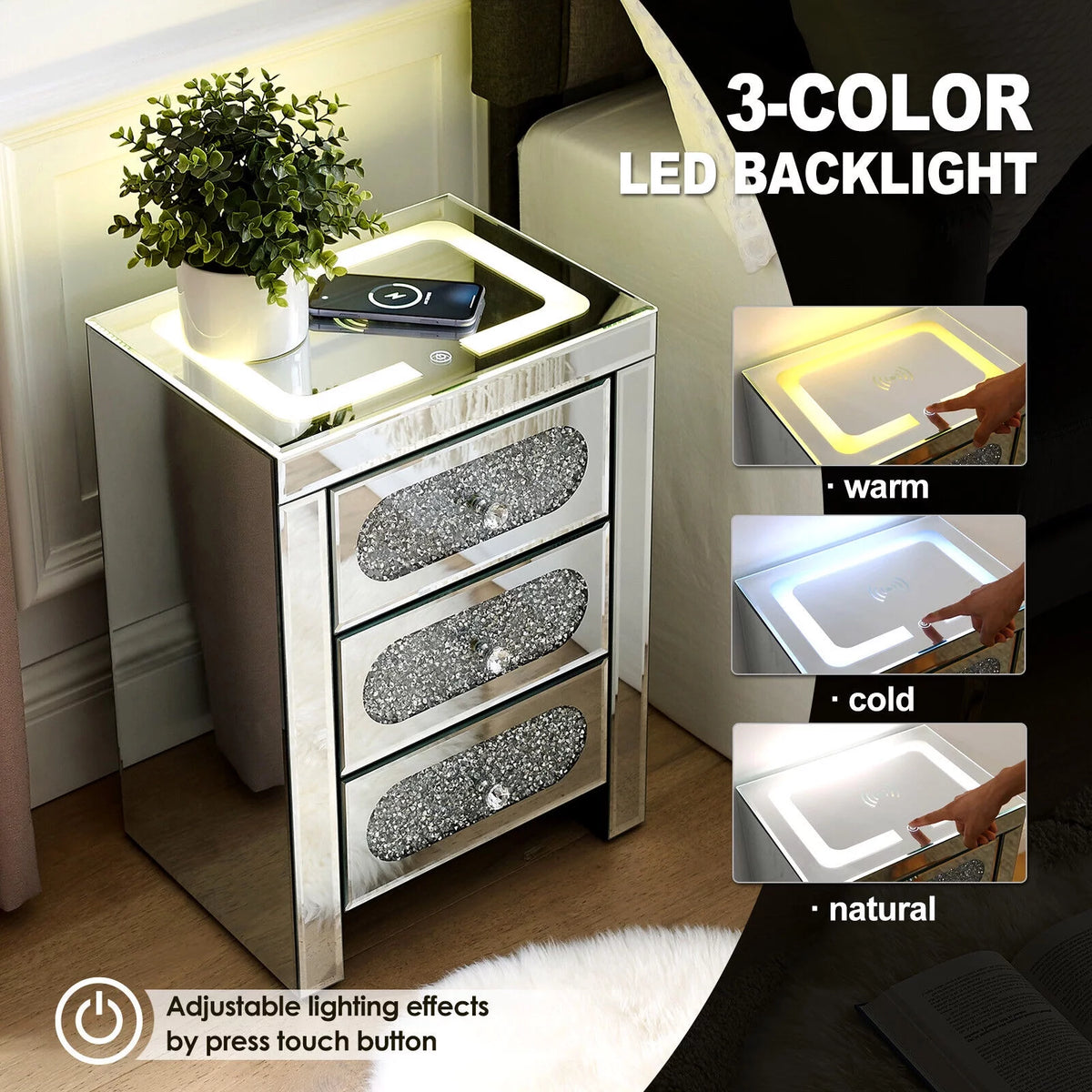 3 Drawer Mirrored Nightstand with Wireless Charging Station I3414