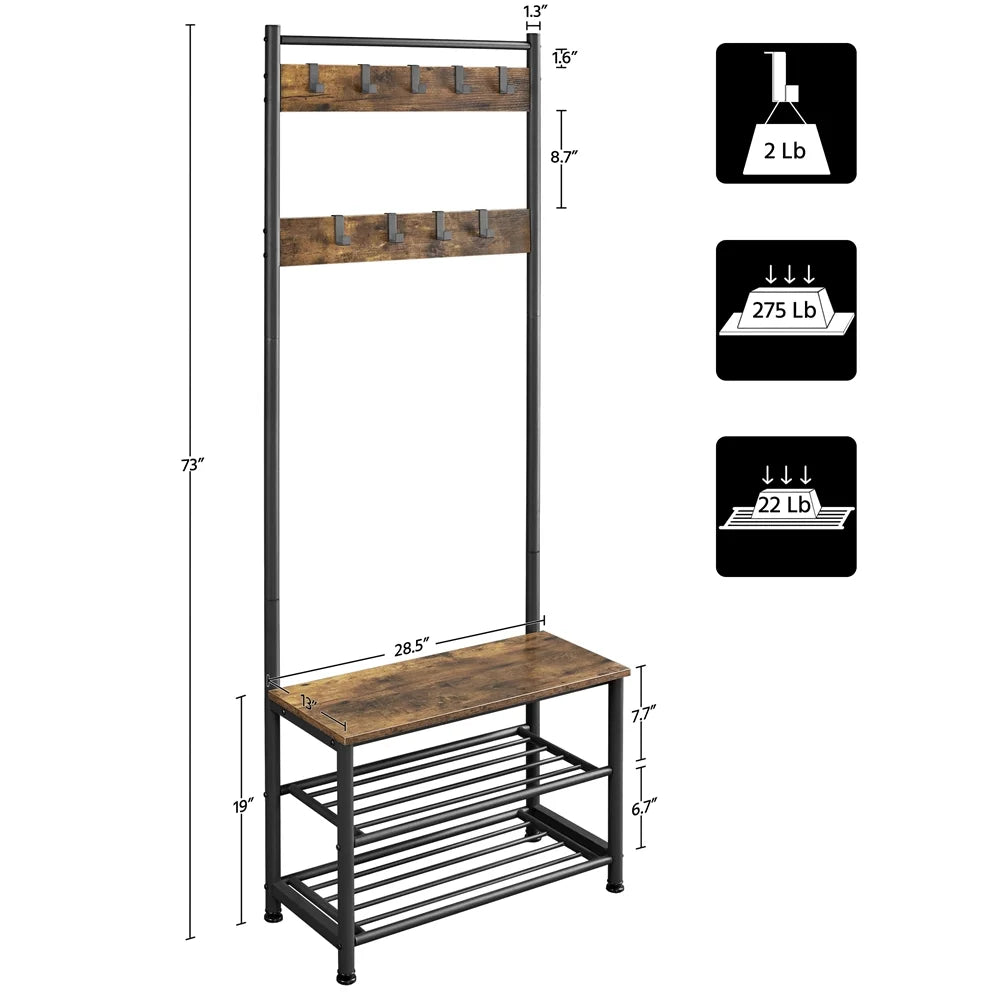 Rustic Brown Wooden Entryway Coat Rack with Shoe Storage Bench H20236