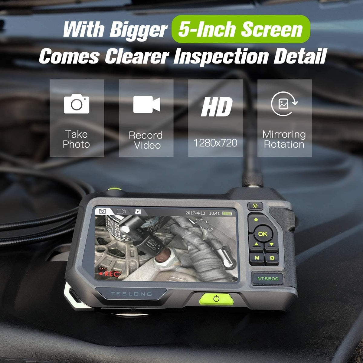 Industrial Borescope Inspection Camera with 5inch 720P HD Screen, 16.5ft E5854