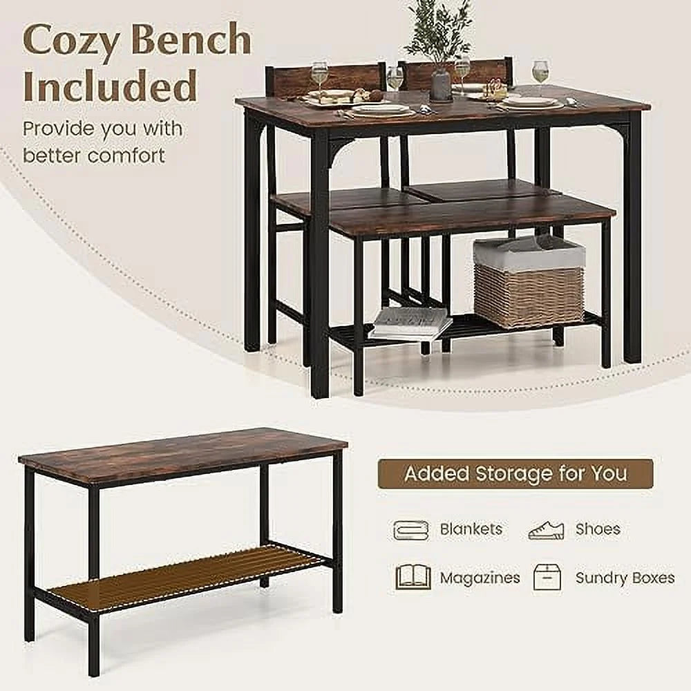 4-Piece Dining Table Set with Bench and Chairs Metal Frame M86175