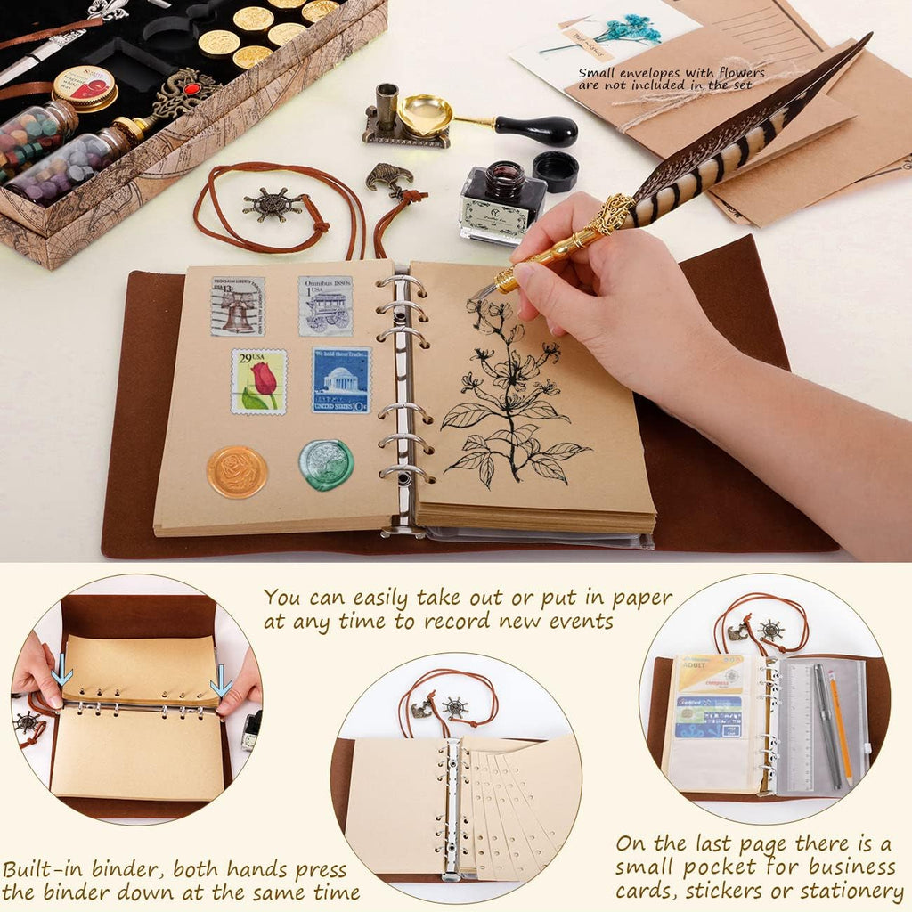 Pheasant Quill Pen and Ink Set Wax Seal Stamp Kit with Leather Journal Notebook Feather Dip Pen, Calligraphy Pen Set, 7 Wax Stamp Heads, Pack of 2 T759626
