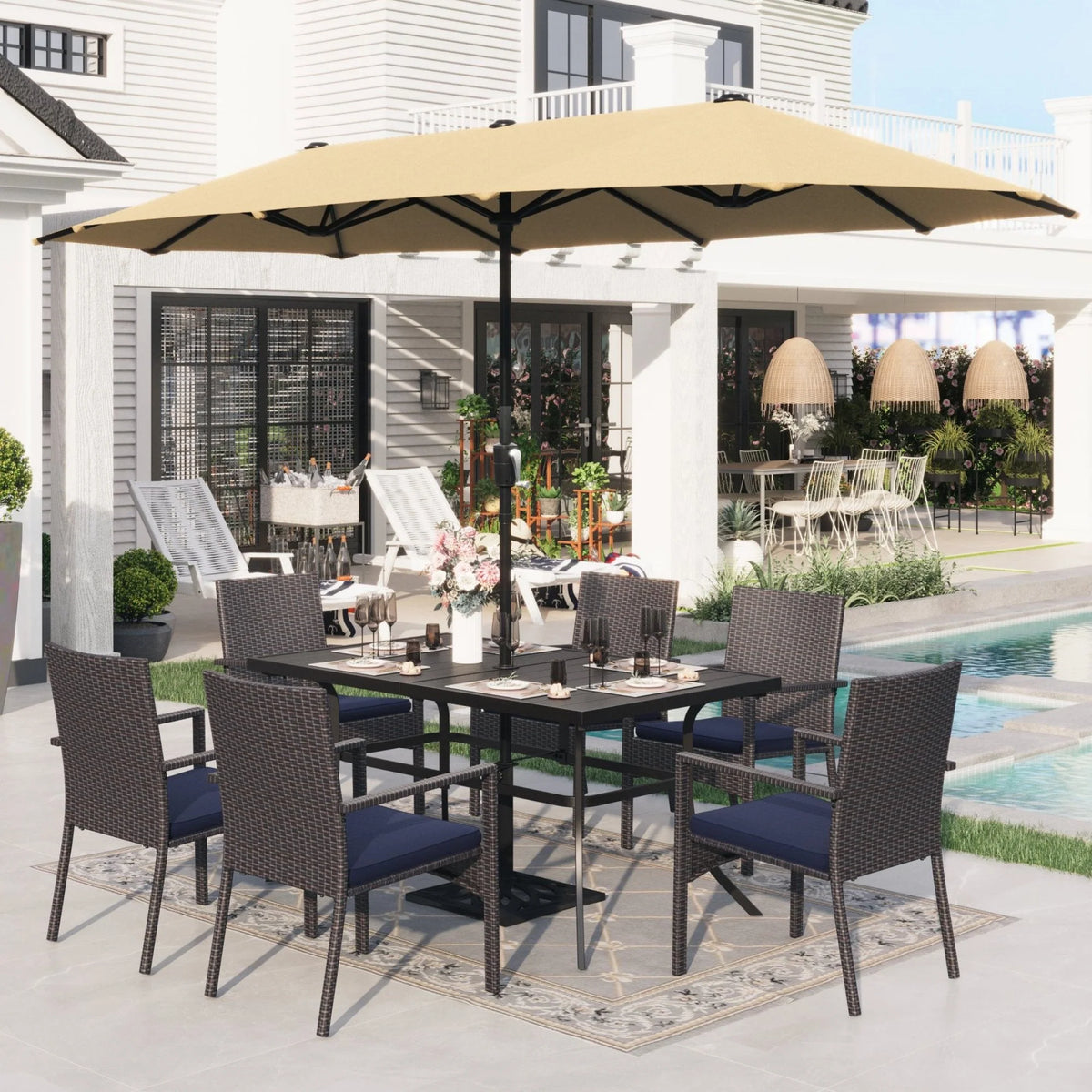 8 Pieces Outdoor Patio Dining Set with Navy Umbrella N49666