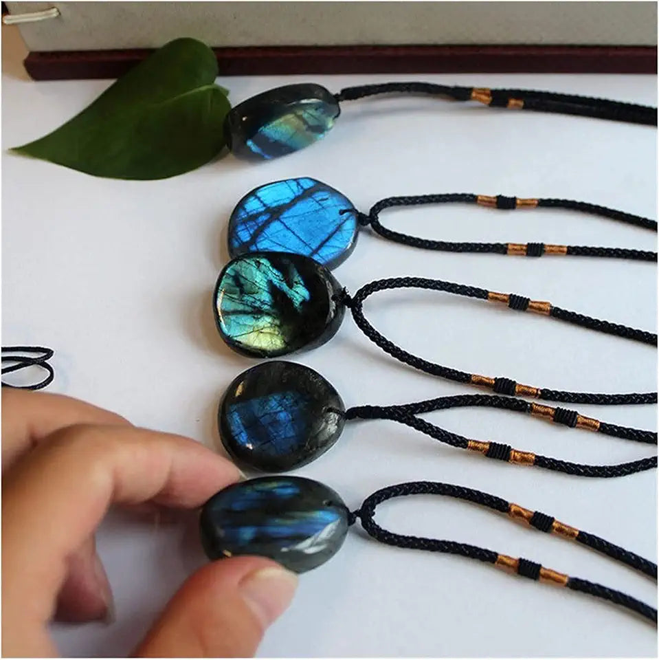 Natural Labradorite Moonstone Polished Drum Stone Quartz Crystal Point Pendant Necklace M674