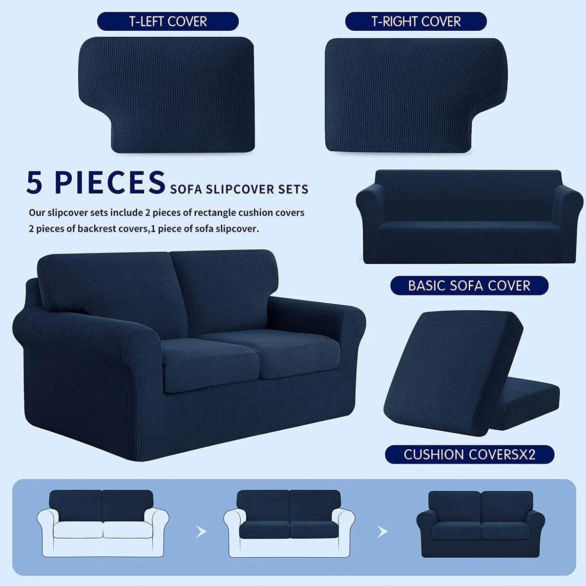 Navy Stretch Sofa Slipcover Set 5 Pieces Z347725
