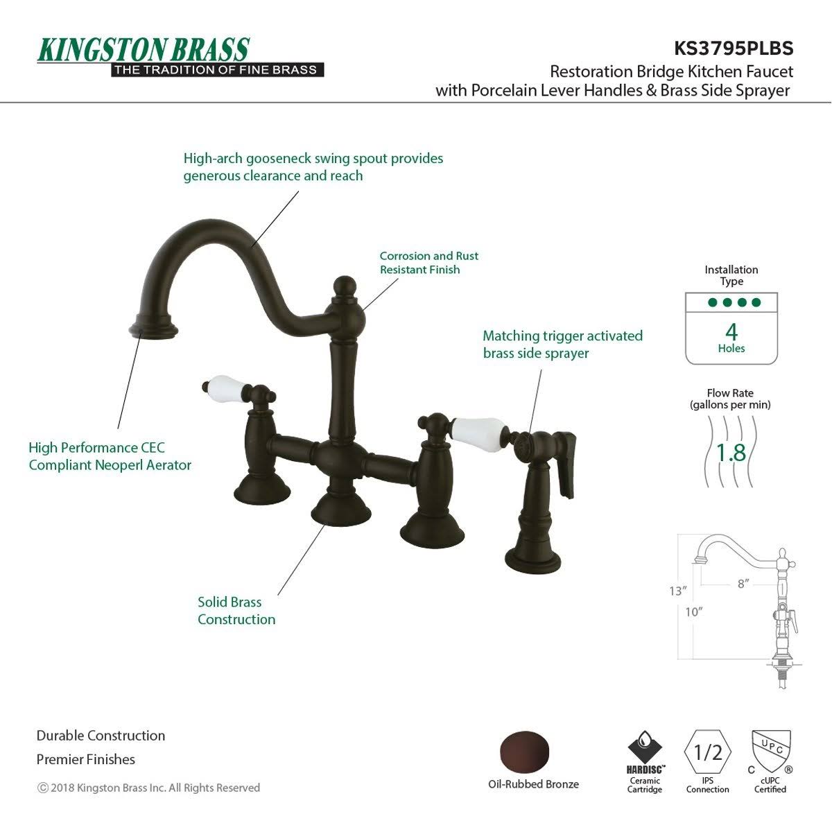 Brushed Nickel Bridge Kitchen Faucet with Brass Sprayer J997
