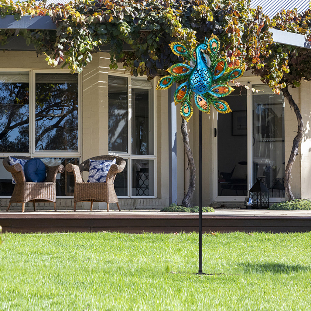 Solar Wind Spinner Outdoor Metal Kinetic Wind Spinner with LED Lighting Glass Ball Peacock Wind Spinner with Stake P203