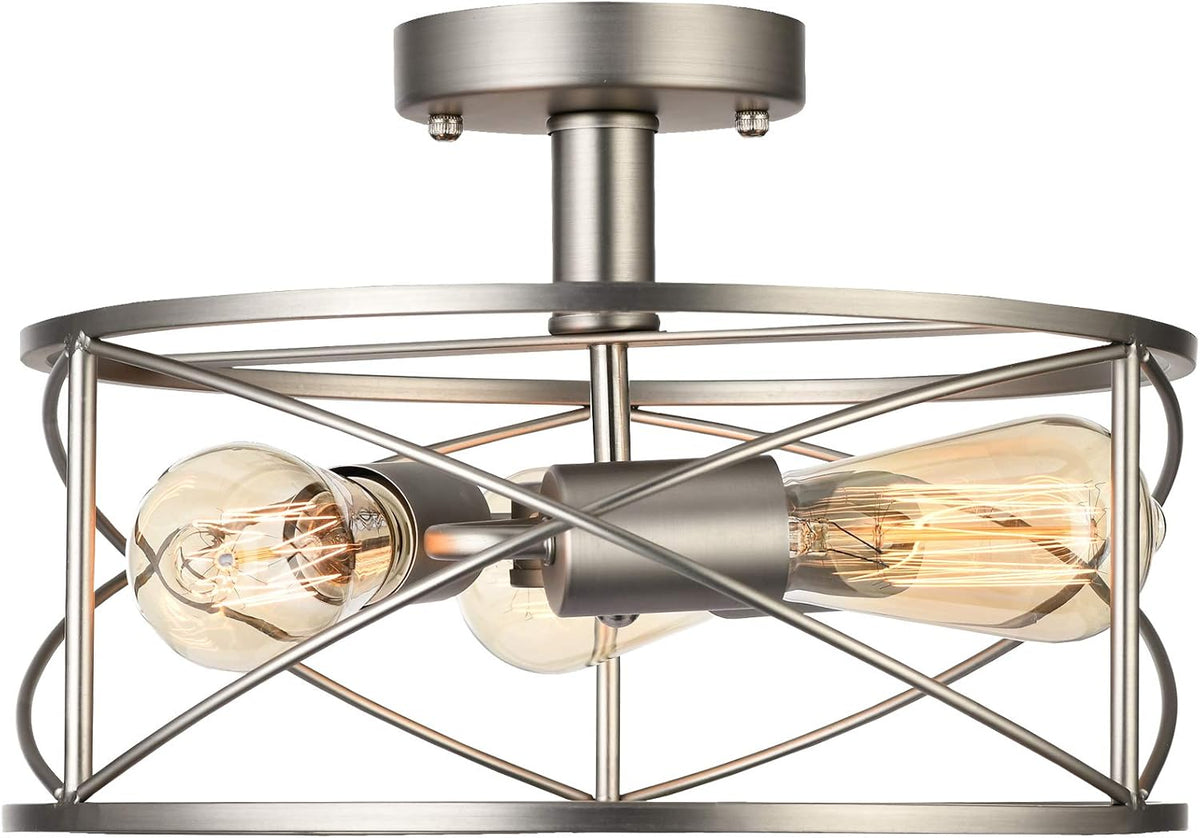Industrial 3-Light Semi-Flush Mount Ceiling Light with Metal Cage (Brushed Nickel) D76309