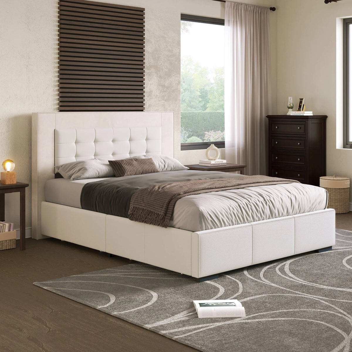Queen Platform Bed Frame with Four Drawers Beige U990304