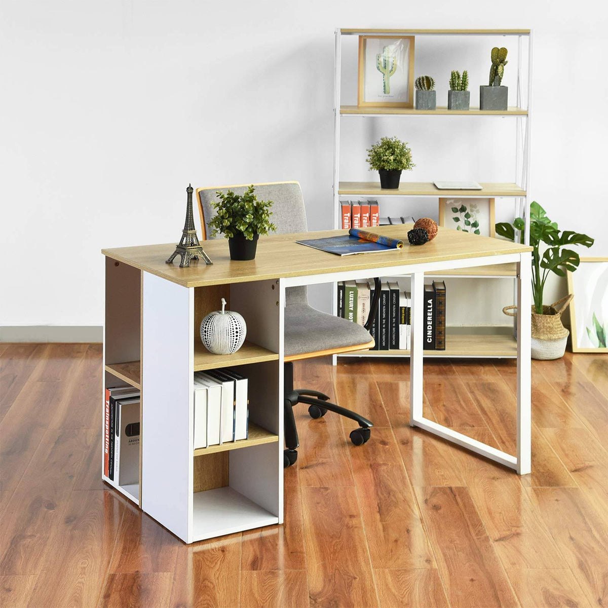Wood Computer Desk with 5 Side Shelves L384