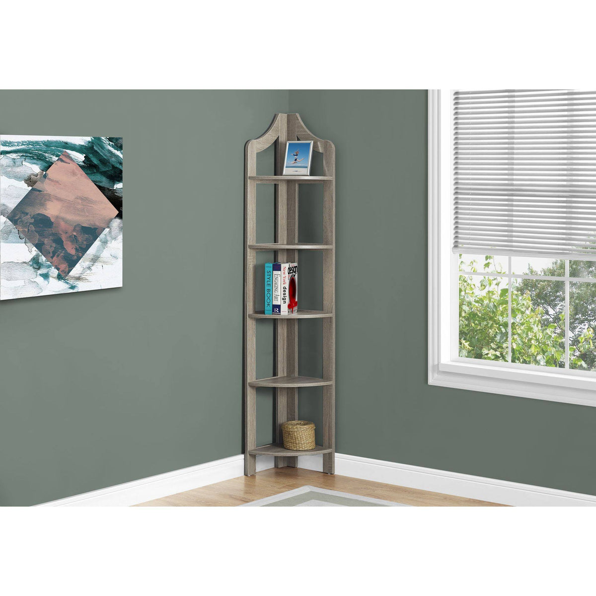 Taupe Brown 5 Shelves Corner Bookcase J6290