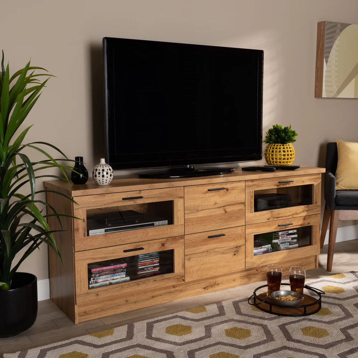 Oak Brown Finished Wood 2-Drawer TV Stand R207288