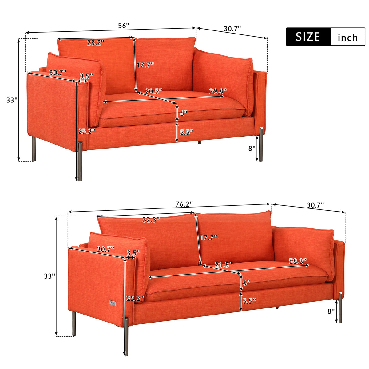 Orange Linen Loveseat and 3 Seat Couch Set G968758