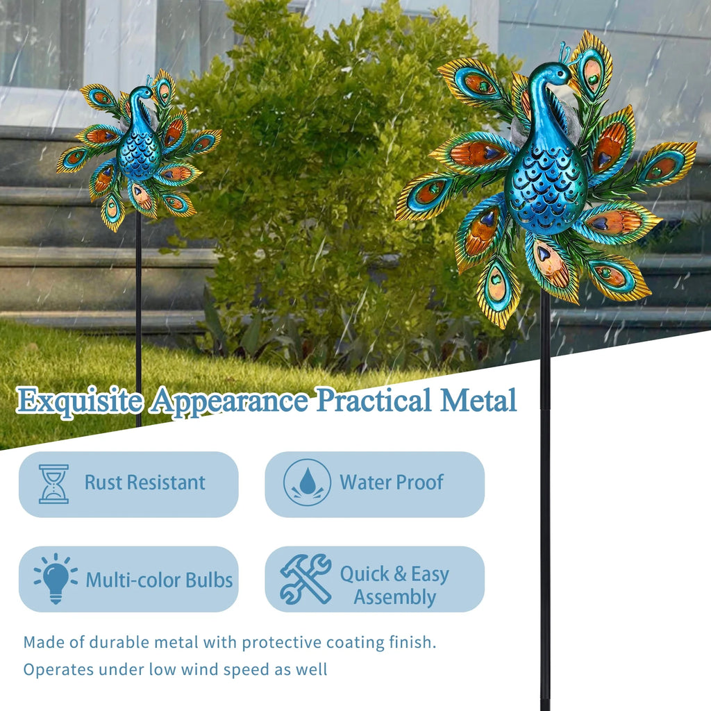 Solar Wind Spinner Outdoor Metal Kinetic Wind Spinner with LED Lighting Glass Ball Peacock Wind Spinner with Stake P203