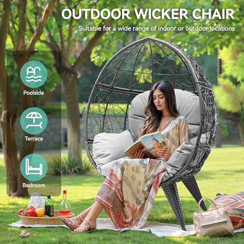 Oversized Grey Wicker Egg Chair with Stand and Cushion X149621