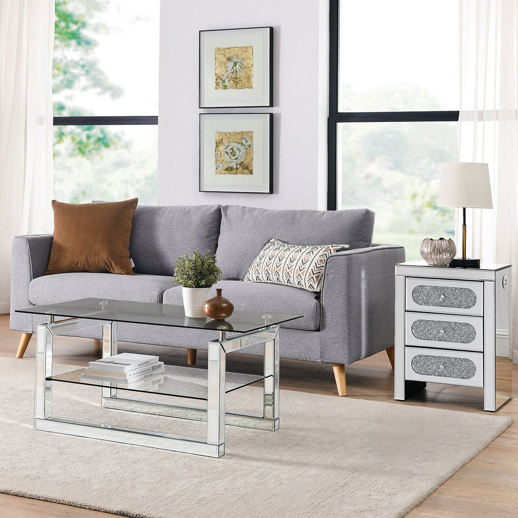 3 Drawer Mirrored Nightstand with Wireless Charging Station I3414