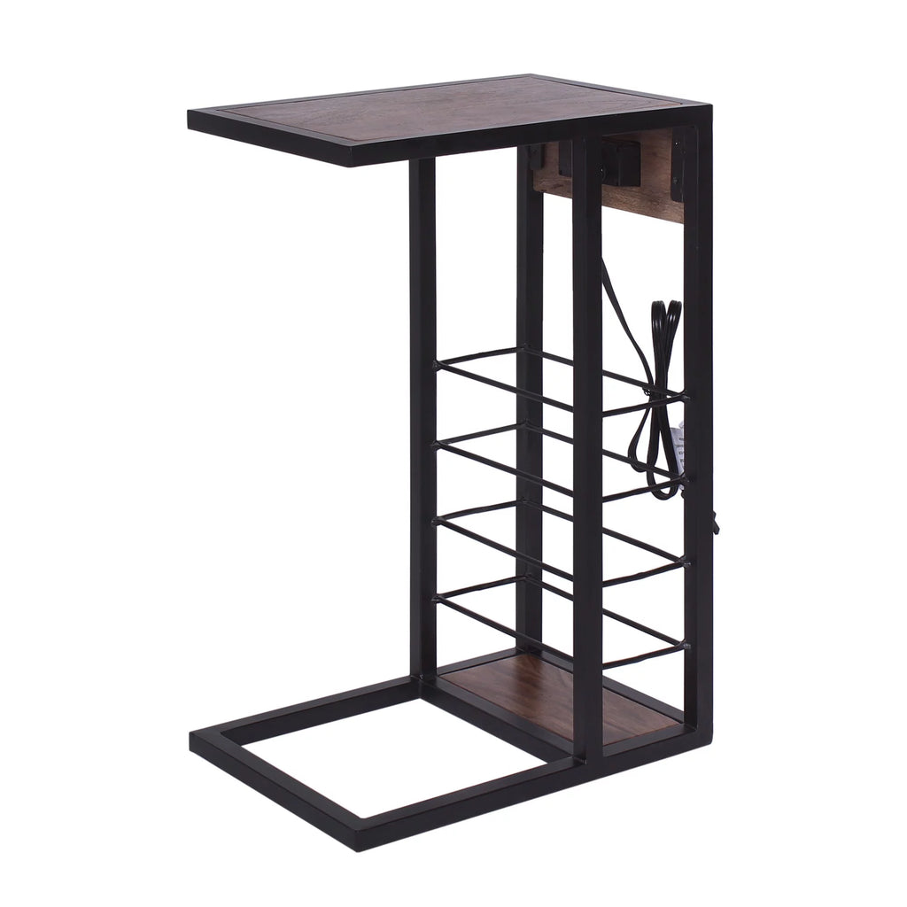 Dark Brown Wood & Metal Side Table with USB & Storage Rack F37283