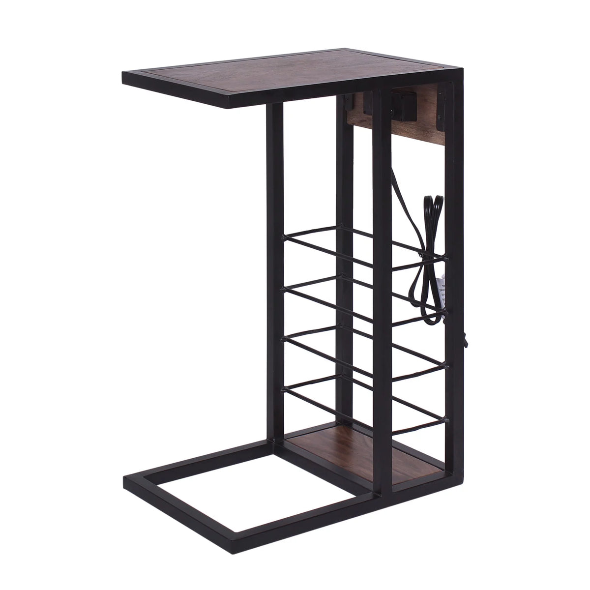 Dark Brown Wood & Metal Side Table with USB & Storage Rack F37283
