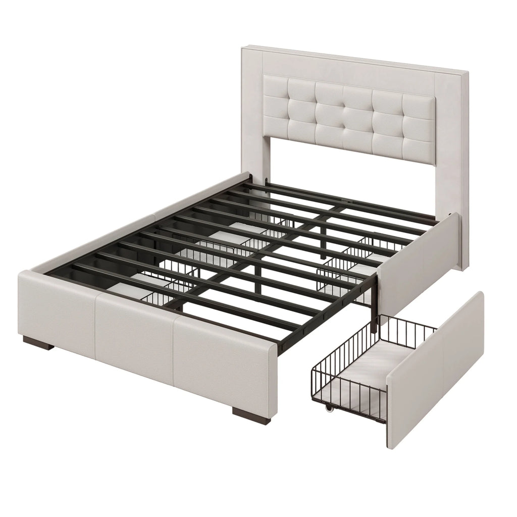 Queen Platform Bed Frame with Four Drawers Beige U990304