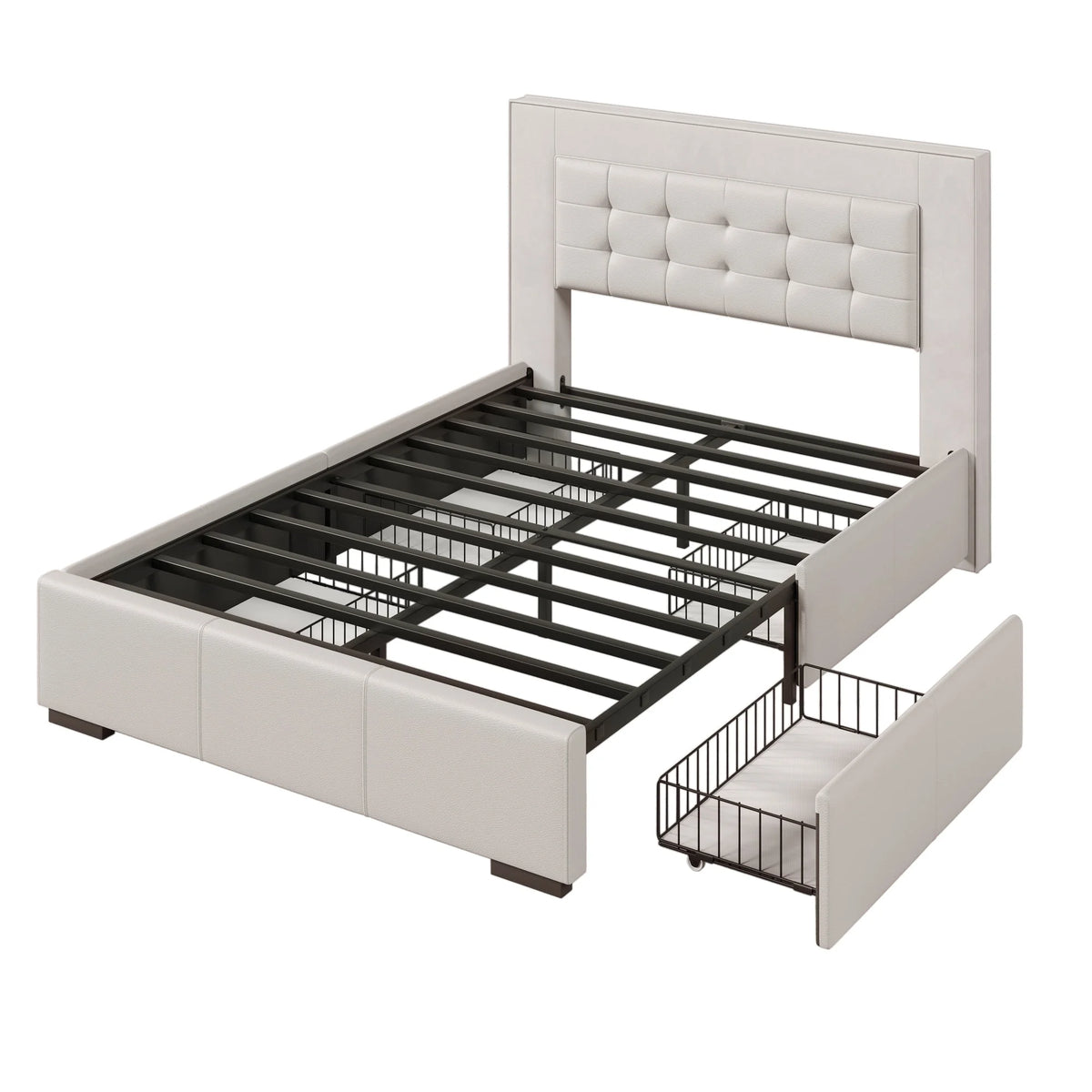 Queen Platform Bed Frame with Four Drawers Beige U990304