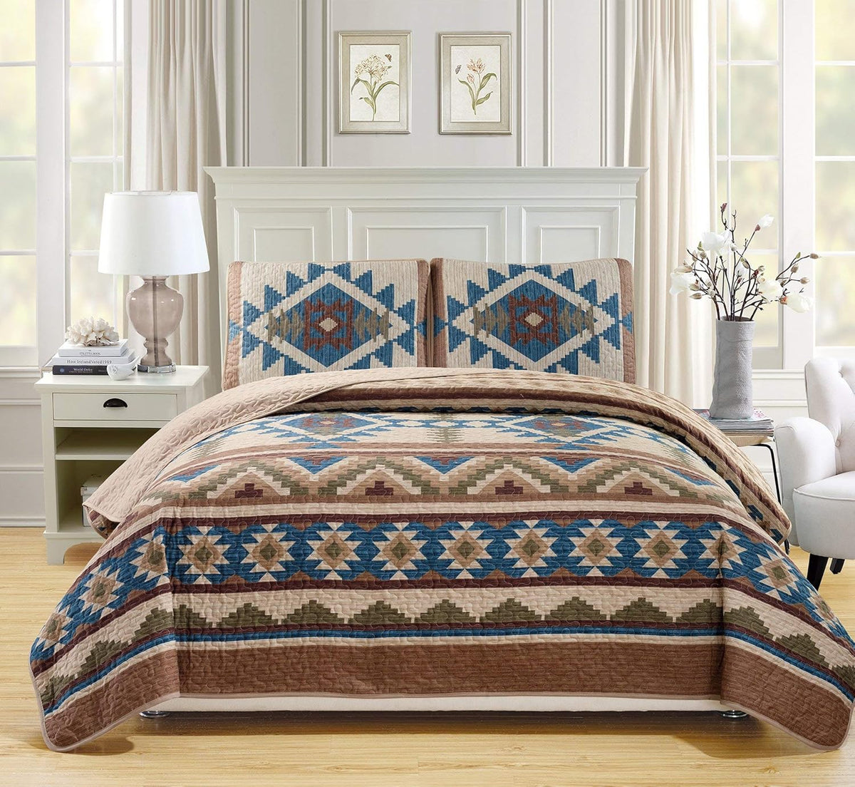 Oversized Bedspread Quilt Set in Beige Taupe Brown Blue Green (Full/Queen) H147