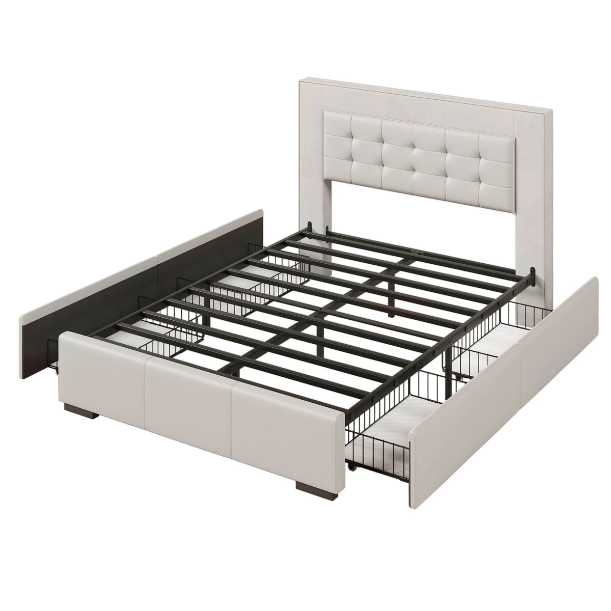 Queen Platform Bed Frame with Four Drawers Beige U990304