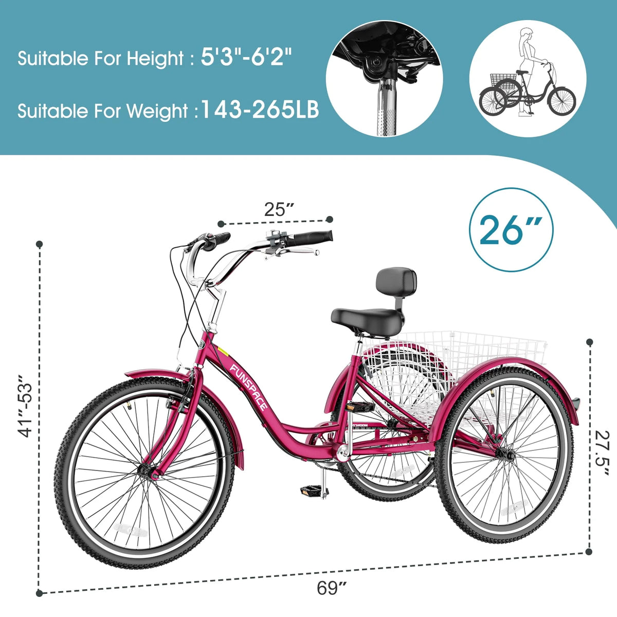 7 Speed 26 Inch 3 Wheel Adult Tricycle with Backrest Z481