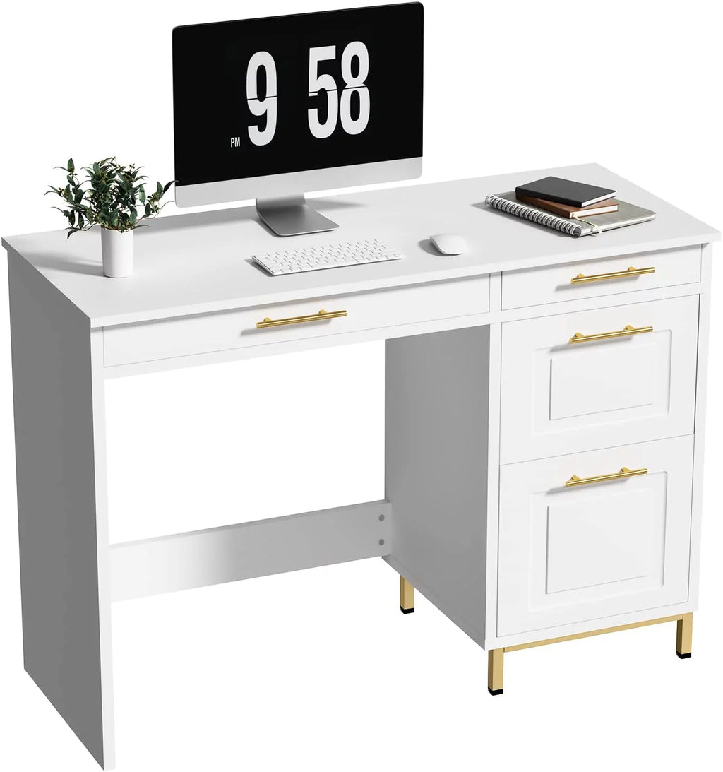 White and Gold Computer Desk with 4 Drawers E97203