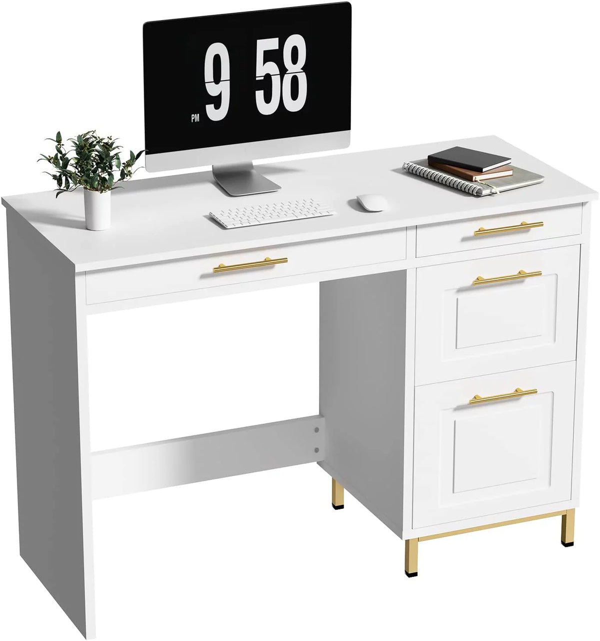 White and Gold Computer Desk with 4 Drawers E97203