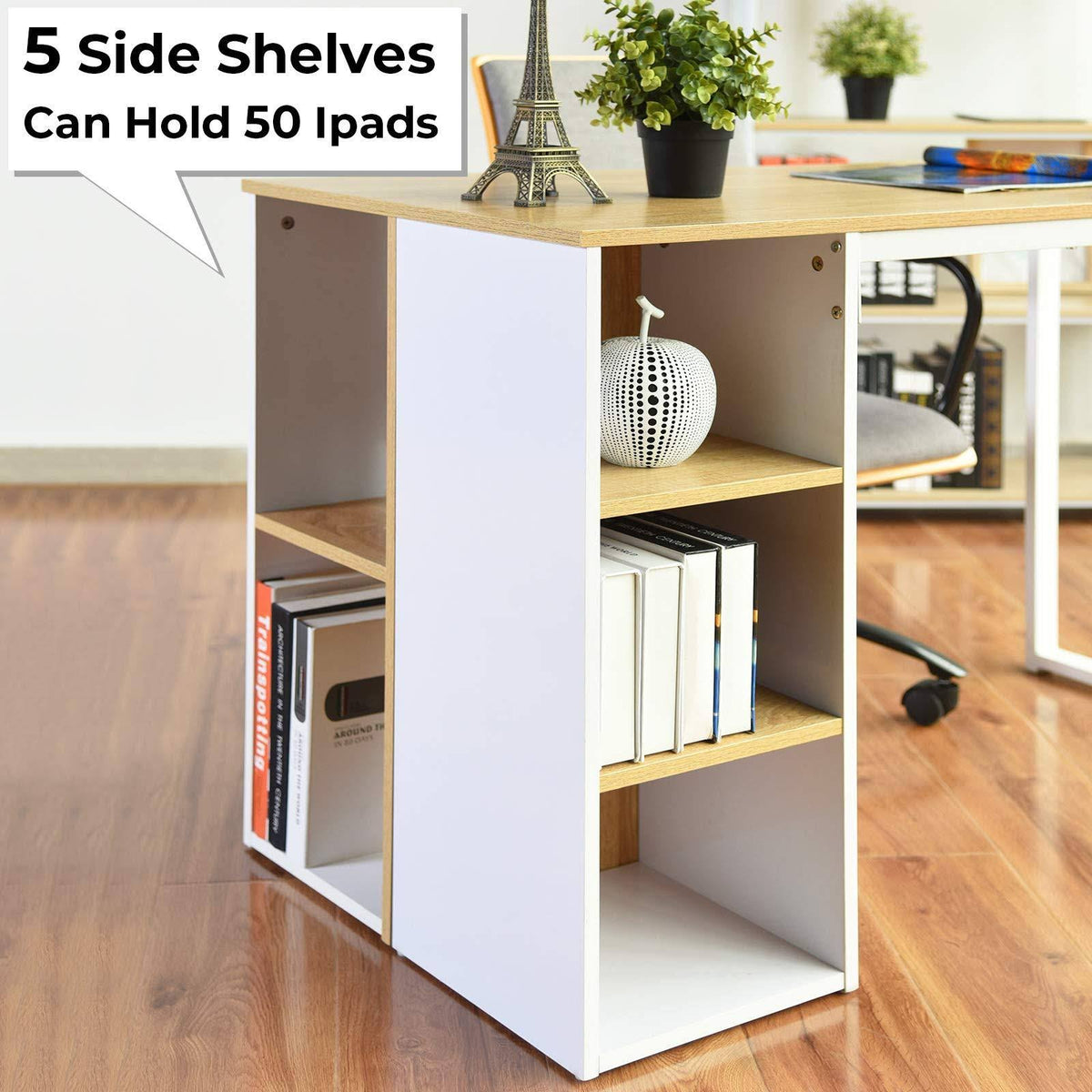 Wood Computer Desk with 5 Side Shelves L384