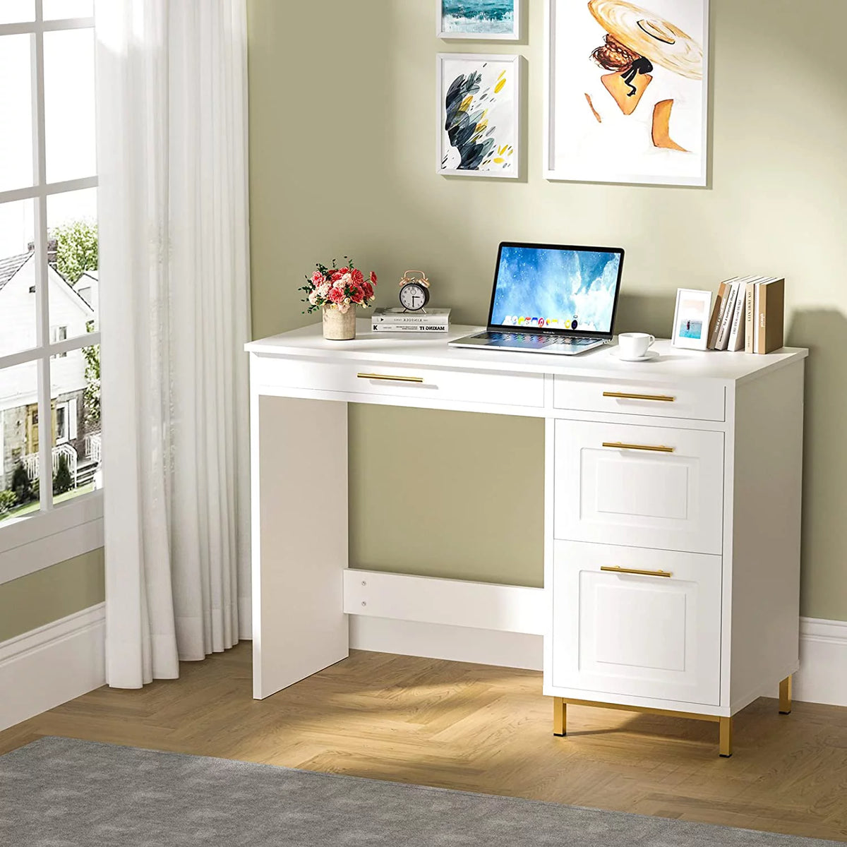 White and Gold Computer Desk with 4 Drawers E97203
