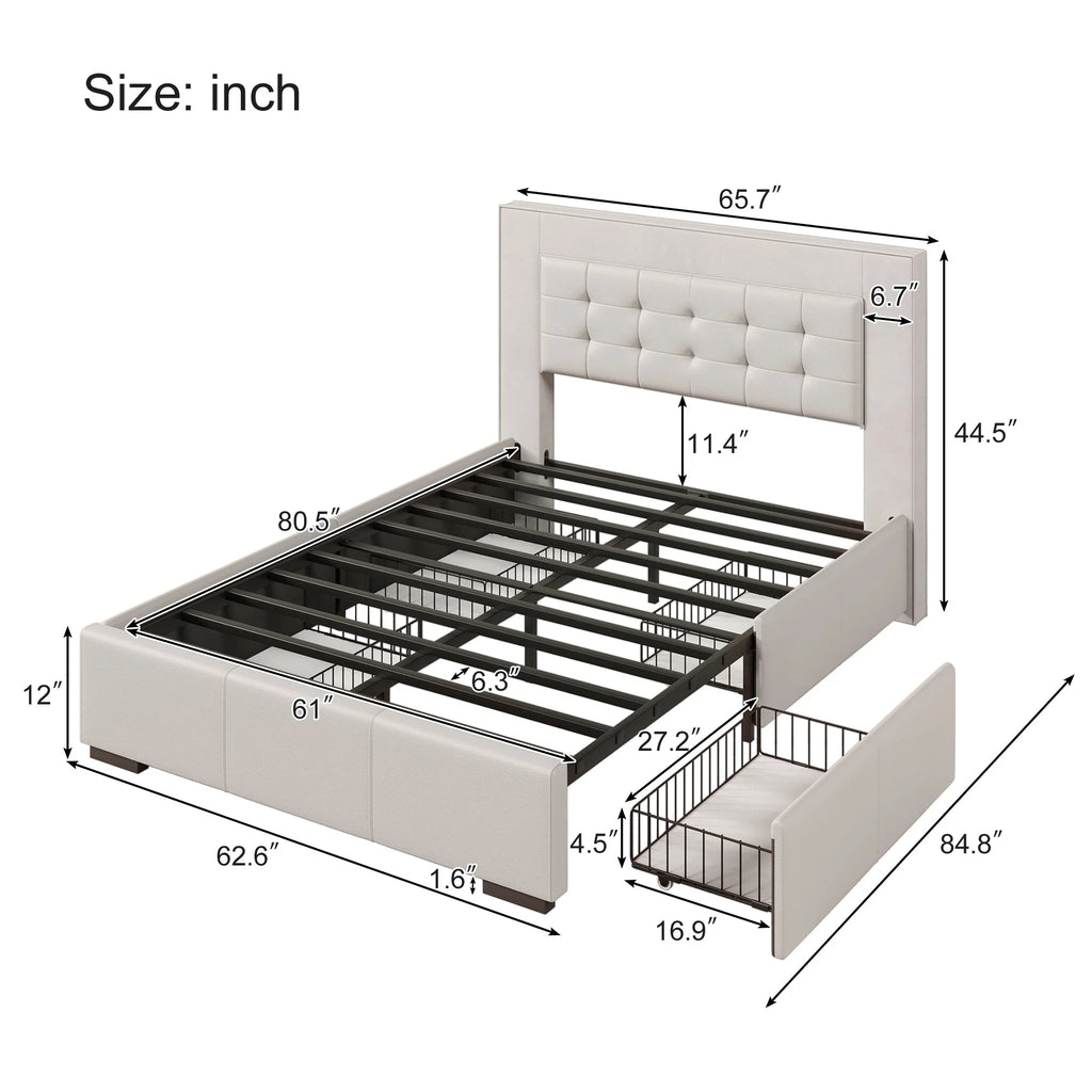 Queen Platform Bed Frame with Four Drawers Beige U990304