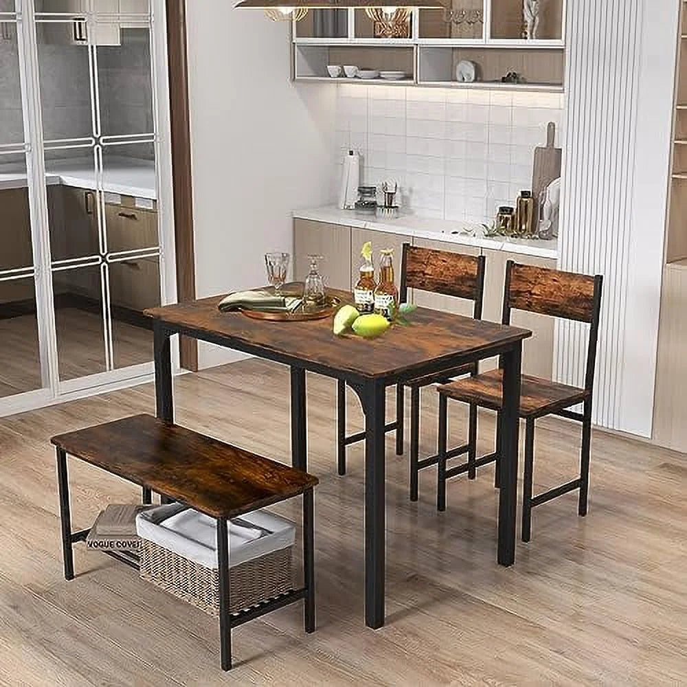 4-Piece Dining Table Set with Bench and Chairs Metal Frame M86175