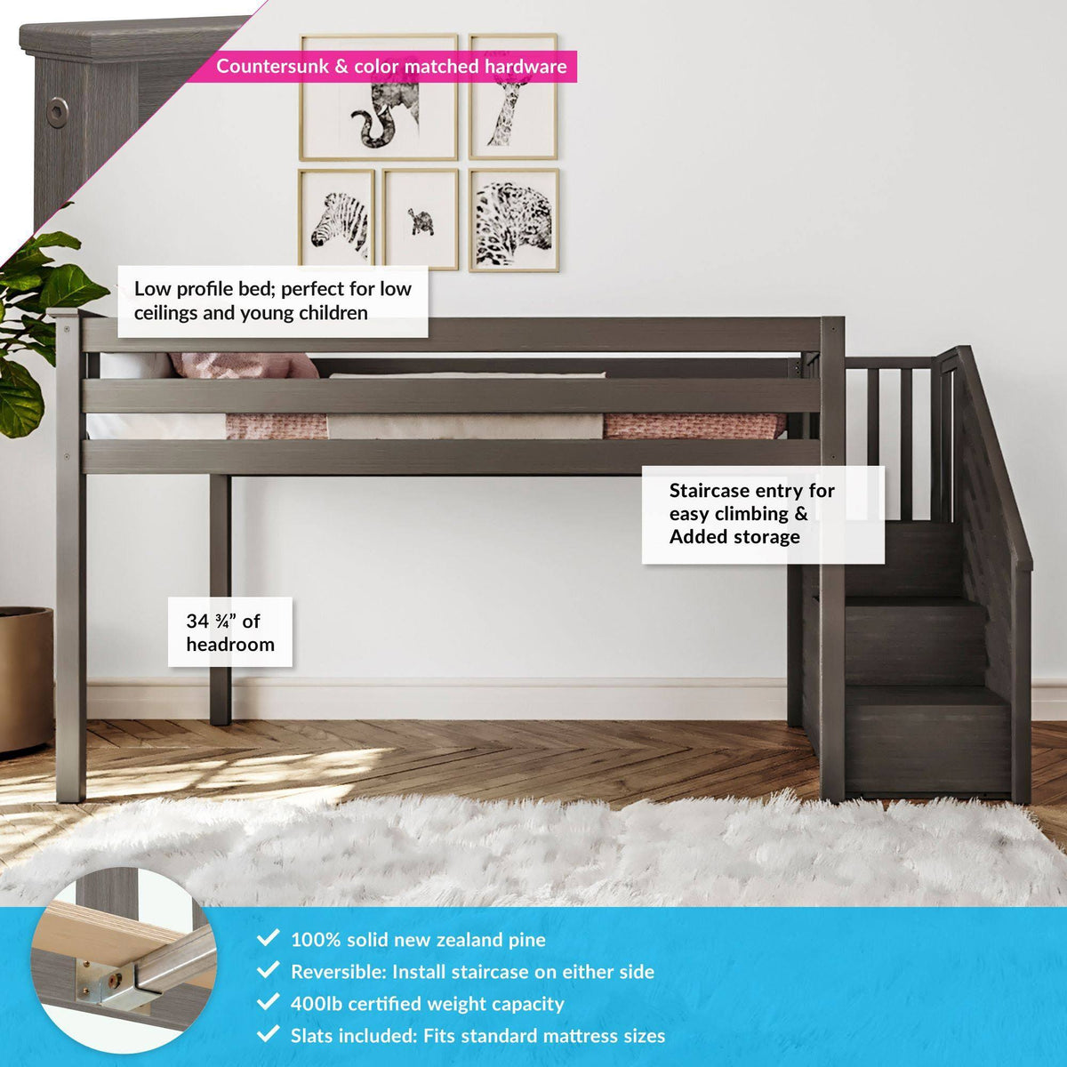 Twin-size Low Loft with Stairs - White G813979
