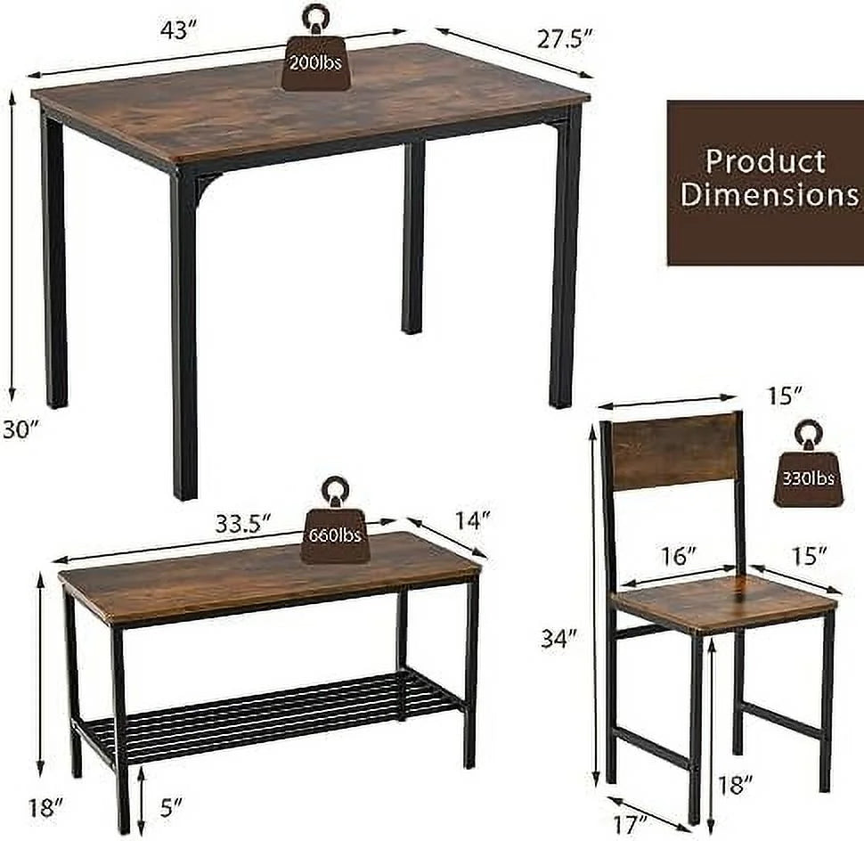 4-Piece Dining Table Set with Bench and Chairs Metal Frame M86175
