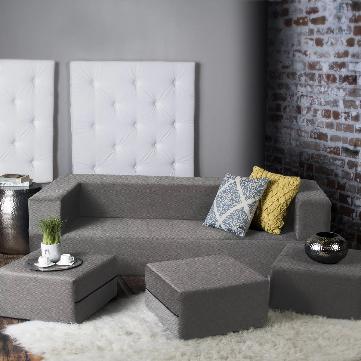 California King Convertible Sleeper Sofa and Ottomans Dove Grey Foam Polyester W254