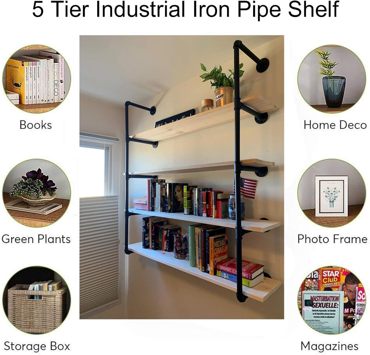 5 Tier Wall Mount Iron Pipe Shelf, 2 Pack 52 Inch Tall E364